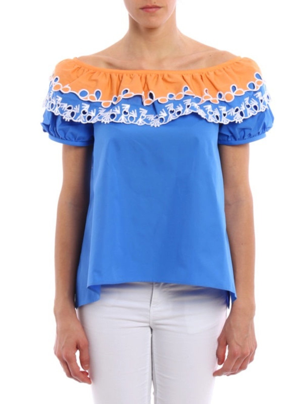 NWT Peter Pilotto Off The Shoulder Eyelet Ruffle Top Blue Orange Sz 10
